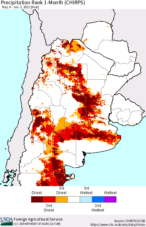 Southern South America Precipitation Rank 1-Month (CHIRPS) Thematic Map For 5/6/2022 - 6/5/2022