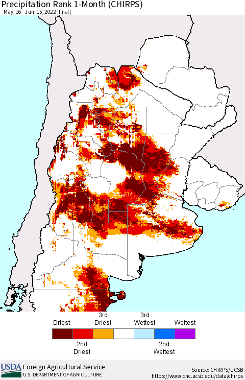 Southern South America Precipitation Rank since 1981, 1-Month (CHIRPS) Thematic Map For 5/16/2022 - 6/15/2022