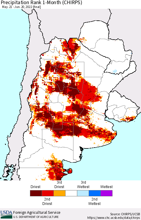 Southern South America Precipitation Rank 1-Month (CHIRPS) Thematic Map For 5/21/2022 - 6/20/2022