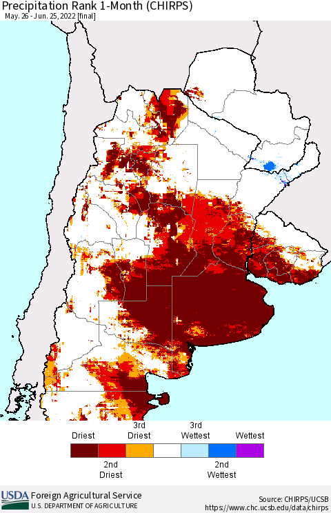 Southern South America Precipitation Rank 1-Month (CHIRPS) Thematic Map For 5/26/2022 - 6/25/2022