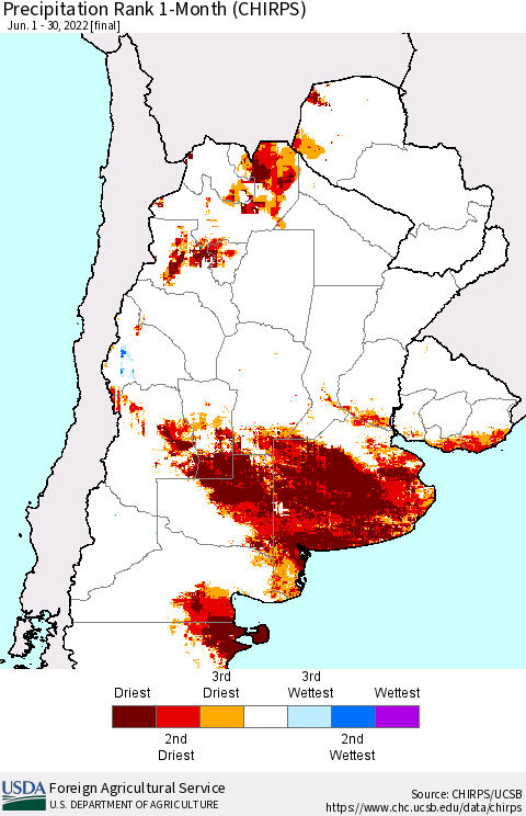 Southern South America Precipitation Rank 1-Month (CHIRPS) Thematic Map For 6/1/2022 - 6/30/2022