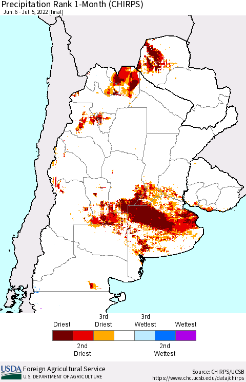 Southern South America Precipitation Rank 1-Month (CHIRPS) Thematic Map For 6/6/2022 - 7/5/2022