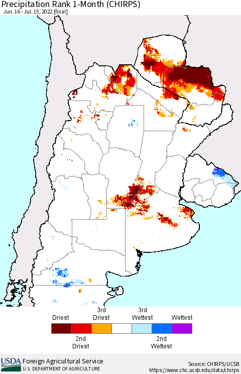 Southern South America Precipitation Rank 1-Month (CHIRPS) Thematic Map For 6/16/2022 - 7/15/2022