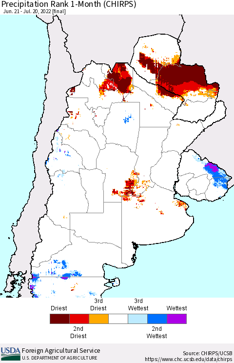Southern South America Precipitation Rank since 1981, 1-Month (CHIRPS) Thematic Map For 6/21/2022 - 7/20/2022