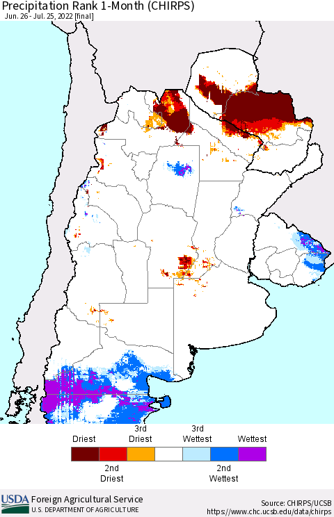 Southern South America Precipitation Rank 1-Month (CHIRPS) Thematic Map For 6/26/2022 - 7/25/2022