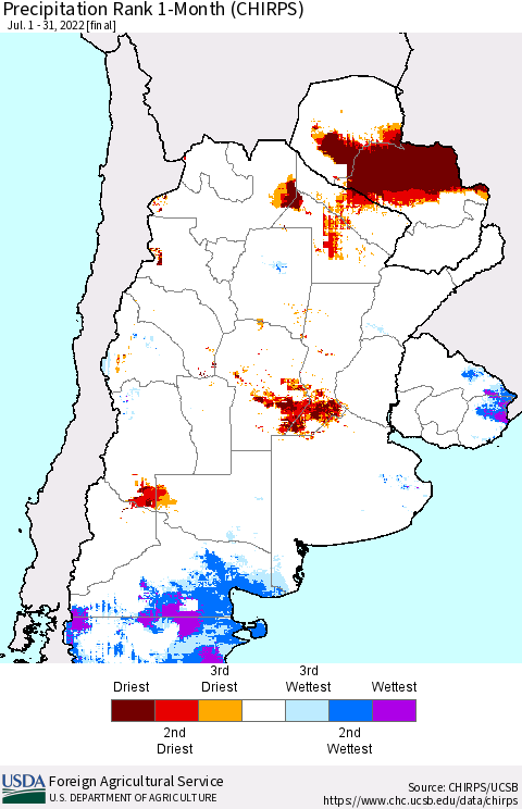 Southern South America Precipitation Rank since 1981, 1-Month (CHIRPS) Thematic Map For 7/1/2022 - 7/31/2022