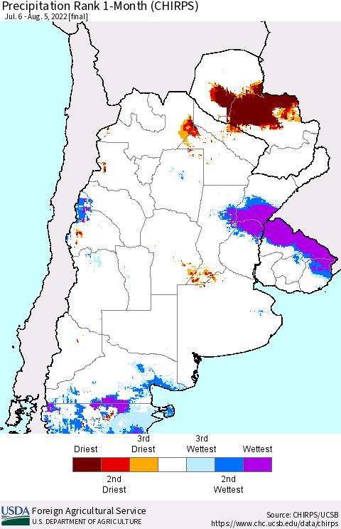 Southern South America Precipitation Rank since 1981, 1-Month (CHIRPS) Thematic Map For 7/6/2022 - 8/5/2022