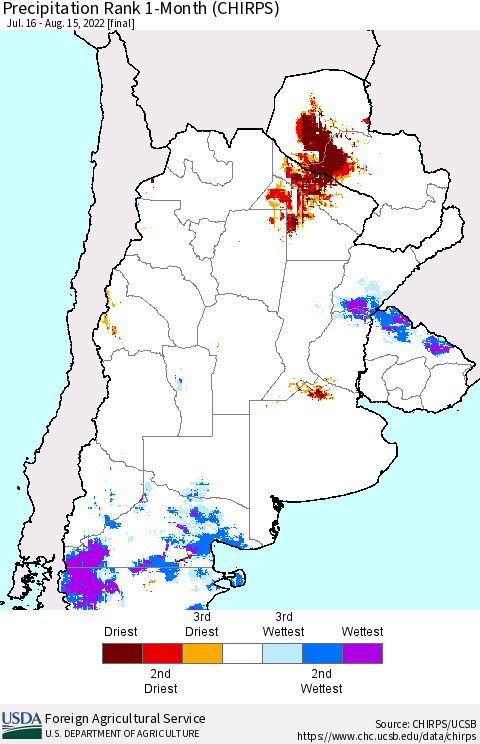 Southern South America Precipitation Rank since 1981, 1-Month (CHIRPS) Thematic Map For 7/16/2022 - 8/15/2022