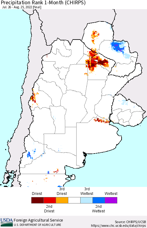 Southern South America Precipitation Rank since 1981, 1-Month (CHIRPS) Thematic Map For 7/26/2022 - 8/25/2022
