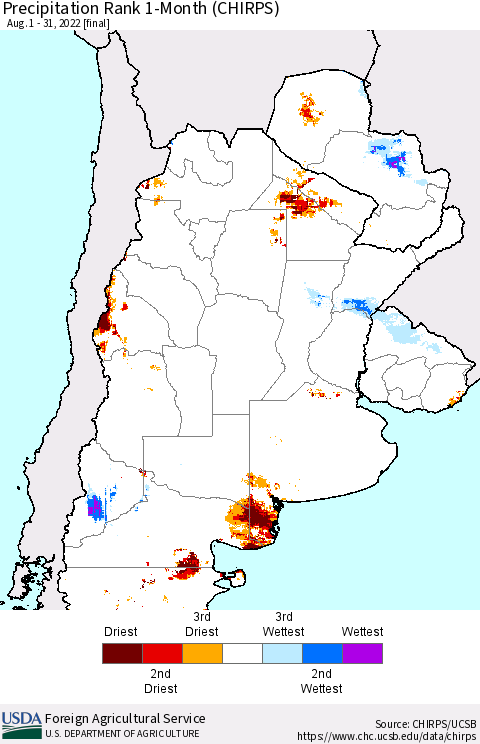 Southern South America Precipitation Rank since 1981, 1-Month (CHIRPS) Thematic Map For 8/1/2022 - 8/31/2022