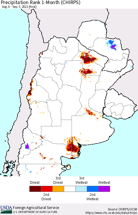 Southern South America Precipitation Rank 1-Month (CHIRPS) Thematic Map For 8/6/2022 - 9/5/2022