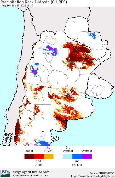 Southern South America Precipitation Rank 1-Month (CHIRPS) Thematic Map For 8/16/2022 - 9/15/2022
