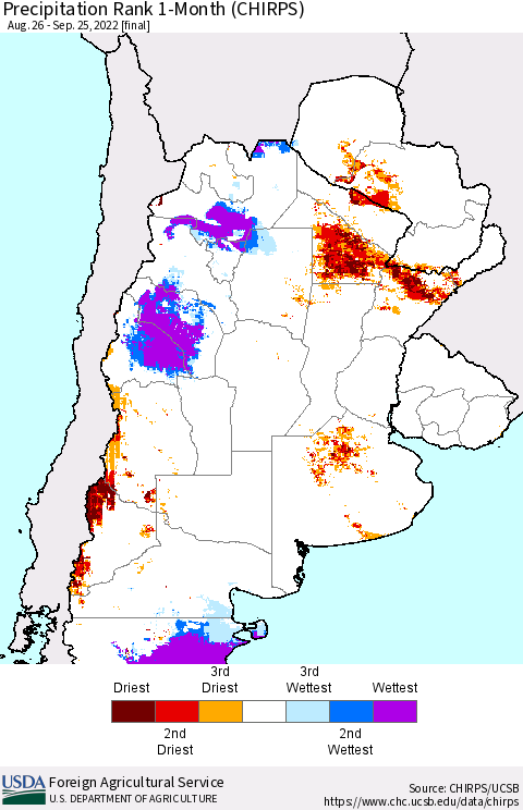 Southern South America Precipitation Rank 1-Month (CHIRPS) Thematic Map For 8/26/2022 - 9/25/2022
