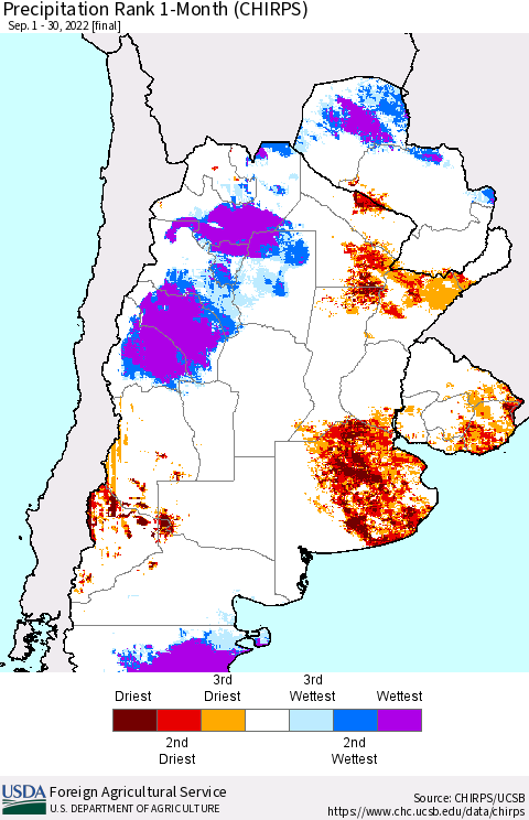 Southern South America Precipitation Rank since 1981, 1-Month (CHIRPS) Thematic Map For 9/1/2022 - 9/30/2022