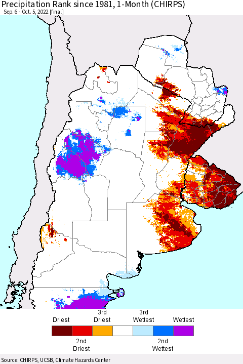 Southern South America Precipitation Rank since 1981, 1-Month (CHIRPS) Thematic Map For 9/6/2022 - 10/5/2022