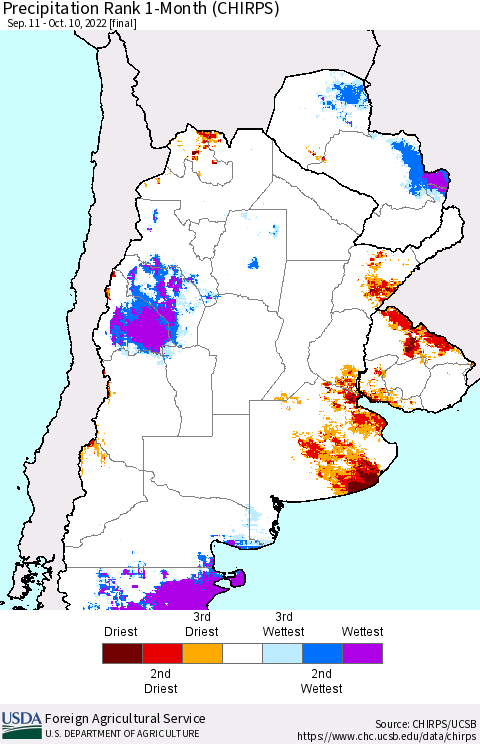 Southern South America Precipitation Rank 1-Month (CHIRPS) Thematic Map For 9/11/2022 - 10/10/2022