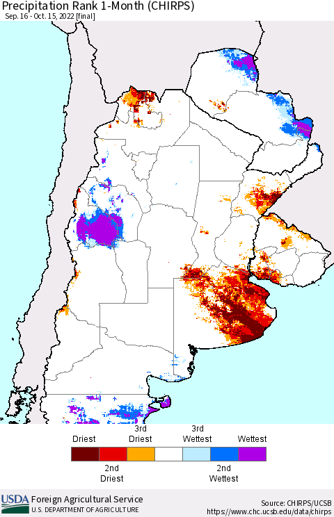 Southern South America Precipitation Rank since 1981, 1-Month (CHIRPS) Thematic Map For 9/16/2022 - 10/15/2022