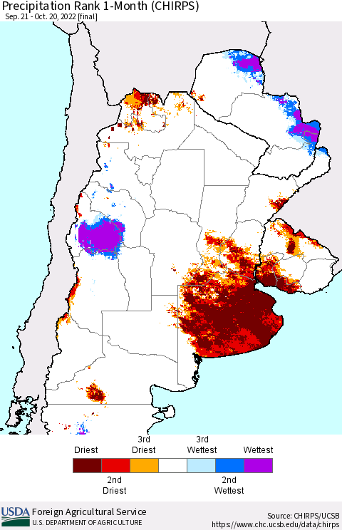 Southern South America Precipitation Rank since 1981, 1-Month (CHIRPS) Thematic Map For 9/21/2022 - 10/20/2022