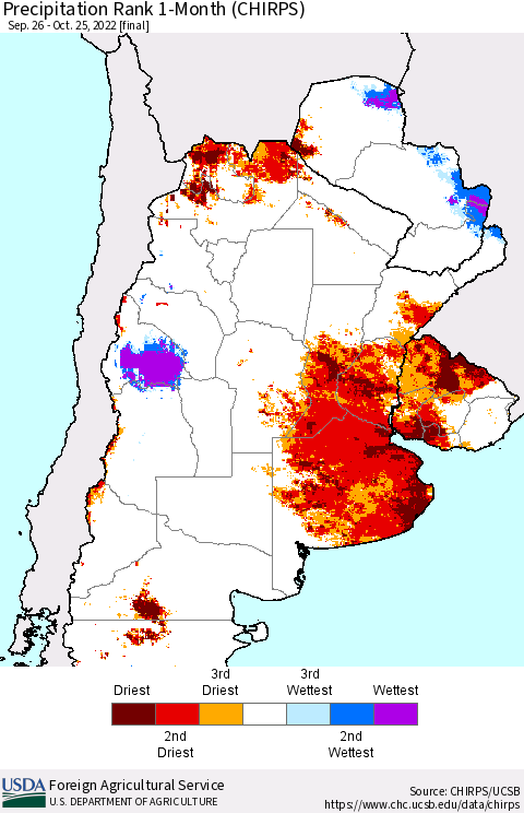 Southern South America Precipitation Rank 1-Month (CHIRPS) Thematic Map For 9/26/2022 - 10/25/2022