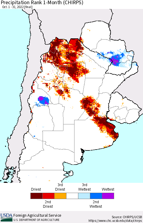 Southern South America Precipitation Rank since 1981, 1-Month (CHIRPS) Thematic Map For 10/1/2022 - 10/31/2022