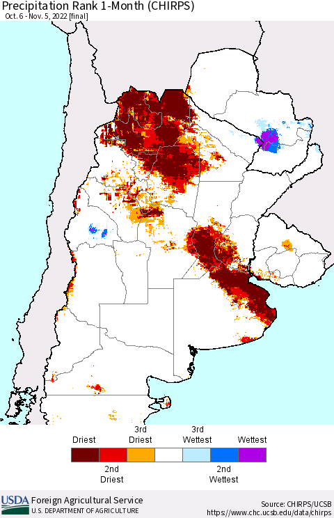 Southern South America Precipitation Rank 1-Month (CHIRPS) Thematic Map For 10/6/2022 - 11/5/2022