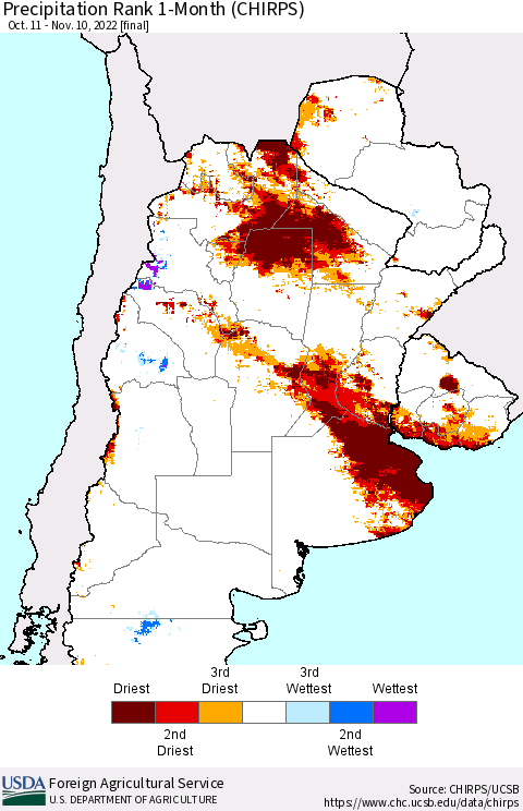 Southern South America Precipitation Rank 1-Month (CHIRPS) Thematic Map For 10/11/2022 - 11/10/2022