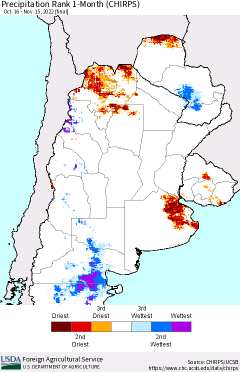 Southern South America Precipitation Rank 1-Month (CHIRPS) Thematic Map For 10/16/2022 - 11/15/2022