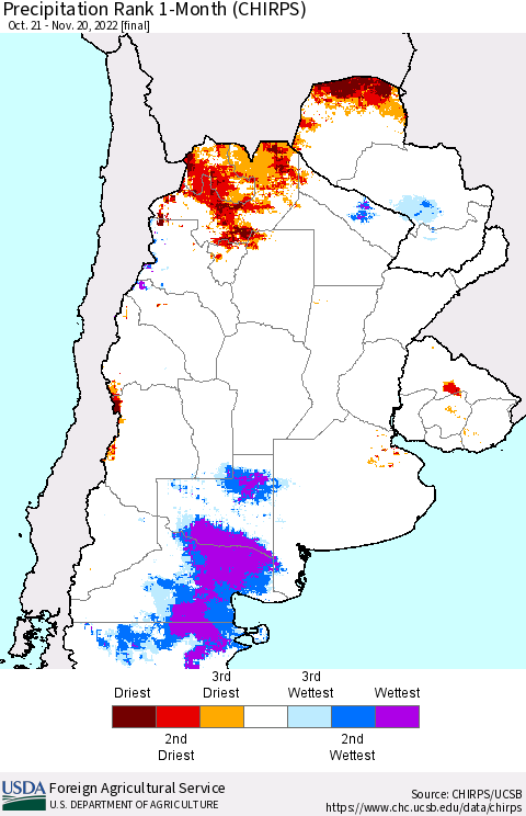 Southern South America Precipitation Rank 1-Month (CHIRPS) Thematic Map For 10/21/2022 - 11/20/2022