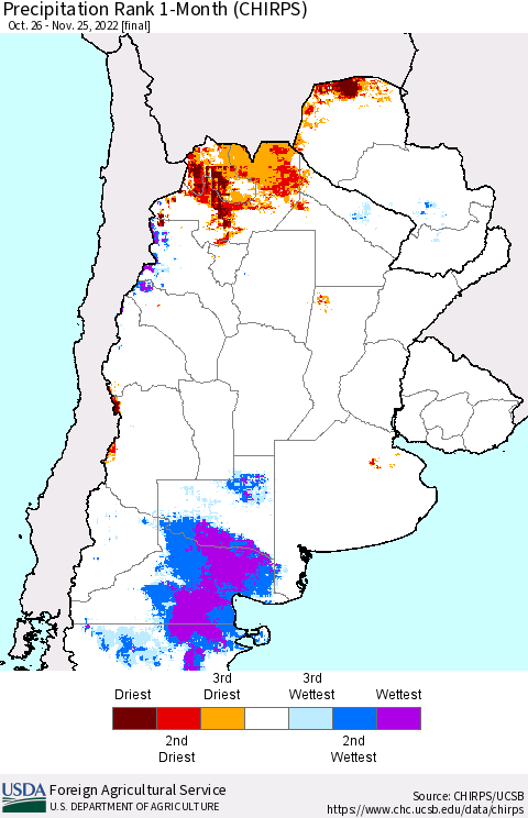 Southern South America Precipitation Rank 1-Month (CHIRPS) Thematic Map For 10/26/2022 - 11/25/2022