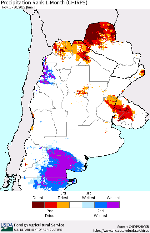 Southern South America Precipitation Rank 1-Month (CHIRPS) Thematic Map For 11/1/2022 - 11/30/2022