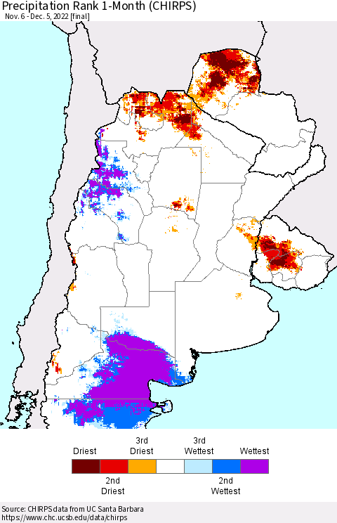 Southern South America Precipitation Rank since 1981, 1-Month (CHIRPS) Thematic Map For 11/6/2022 - 12/5/2022