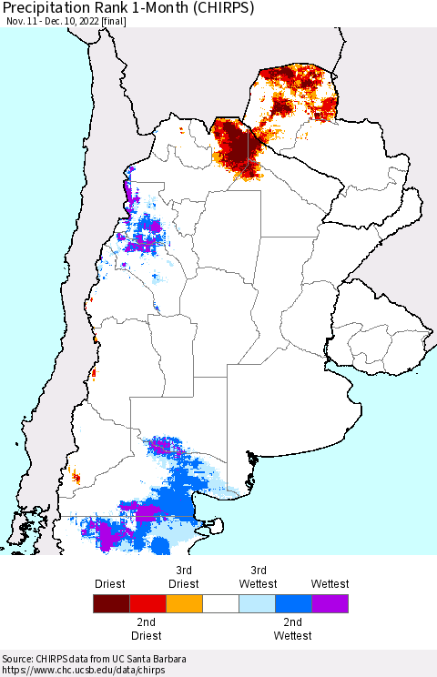 Southern South America Precipitation Rank since 1981, 1-Month (CHIRPS) Thematic Map For 11/11/2022 - 12/10/2022
