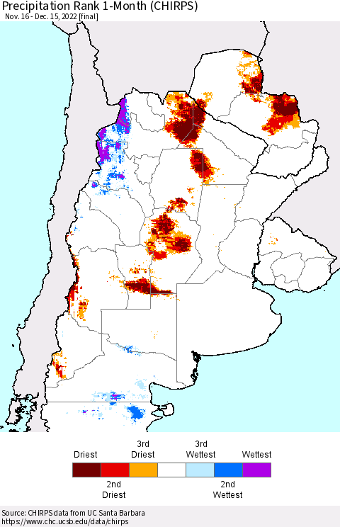 Southern South America Precipitation Rank 1-Month (CHIRPS) Thematic Map For 11/16/2022 - 12/15/2022