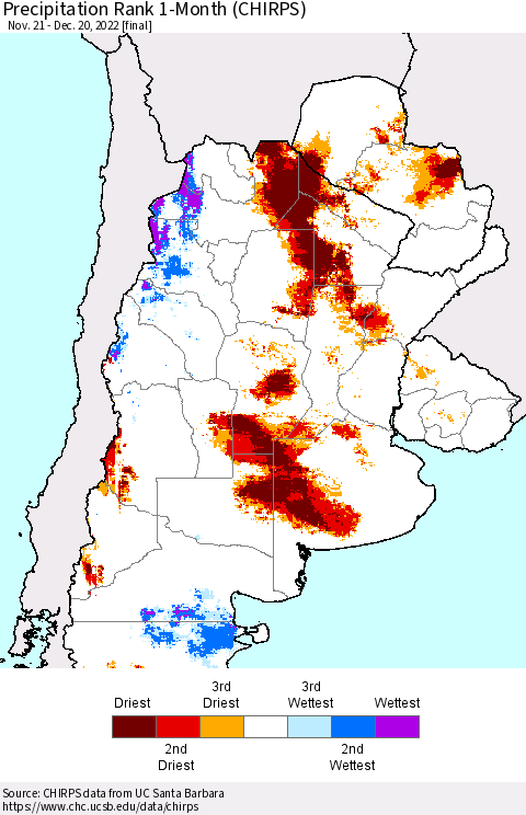 Southern South America Precipitation Rank 1-Month (CHIRPS) Thematic Map For 11/21/2022 - 12/20/2022