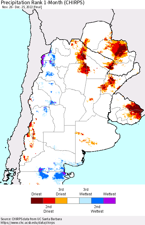 Southern South America Precipitation Rank 1-Month (CHIRPS) Thematic Map For 11/26/2022 - 12/25/2022