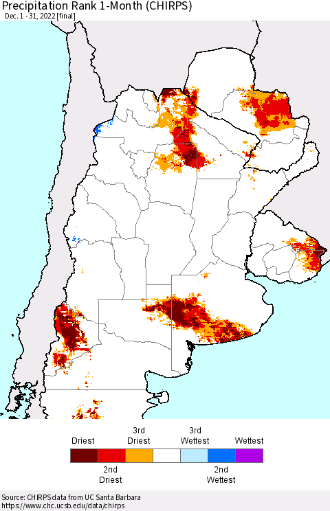 Southern South America Precipitation Rank since 1981, 1-Month (CHIRPS) Thematic Map For 12/1/2022 - 12/31/2022
