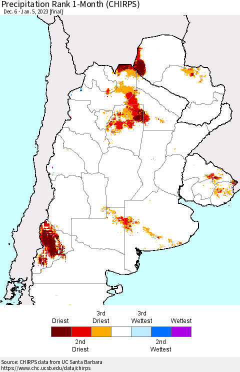 Southern South America Precipitation Rank 1-Month (CHIRPS) Thematic Map For 12/6/2022 - 1/5/2023