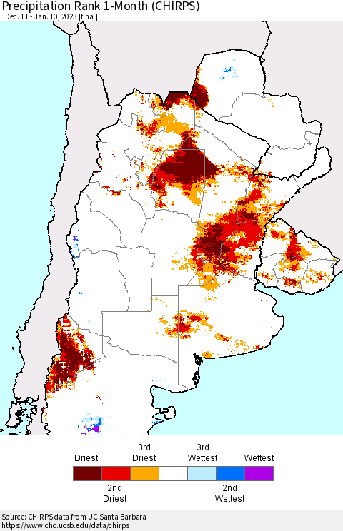 Southern South America Precipitation Rank 1-Month (CHIRPS) Thematic Map For 12/11/2022 - 1/10/2023