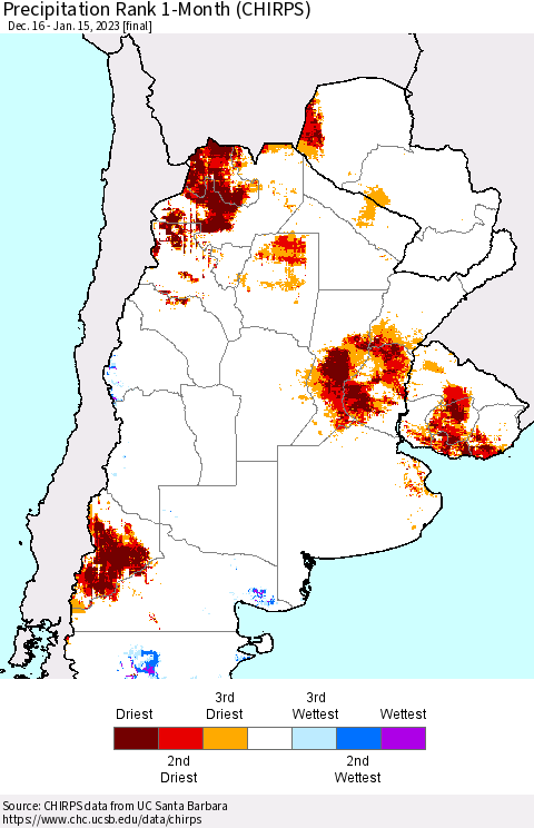 Southern South America Precipitation Rank 1-Month (CHIRPS) Thematic Map For 12/16/2022 - 1/15/2023