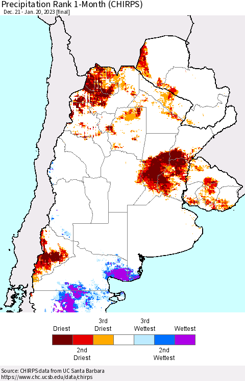 Southern South America Precipitation Rank 1-Month (CHIRPS) Thematic Map For 12/21/2022 - 1/20/2023