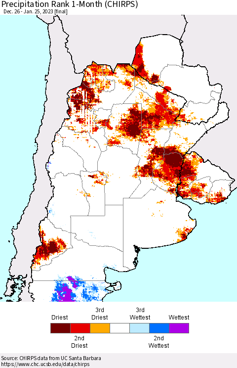Southern South America Precipitation Rank 1-Month (CHIRPS) Thematic Map For 12/26/2022 - 1/25/2023