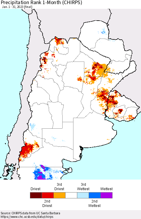 Southern South America Precipitation Rank 1-Month (CHIRPS) Thematic Map For 1/1/2023 - 1/31/2023