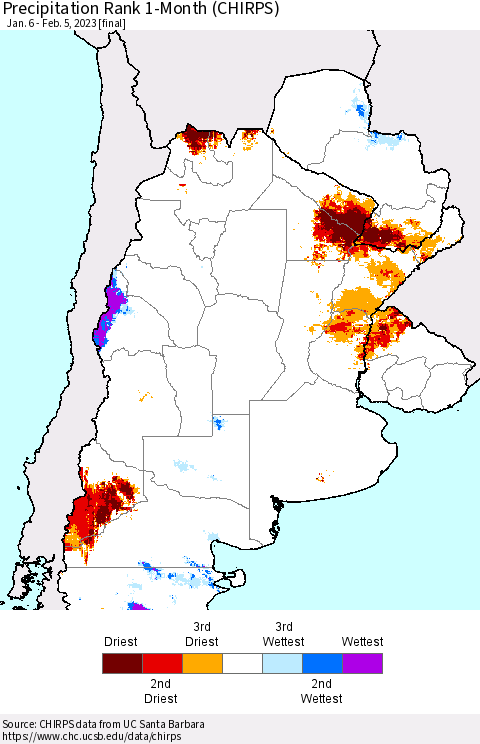 Southern South America Precipitation Rank 1-Month (CHIRPS) Thematic Map For 1/6/2023 - 2/5/2023