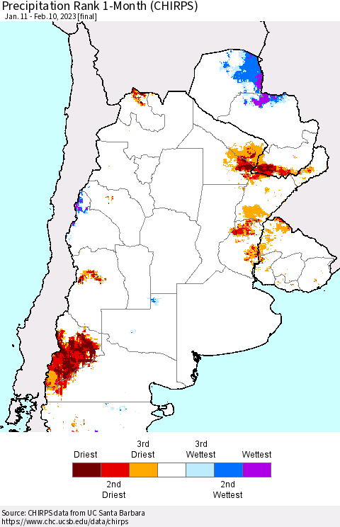 Southern South America Precipitation Rank 1-Month (CHIRPS) Thematic Map For 1/11/2023 - 2/10/2023