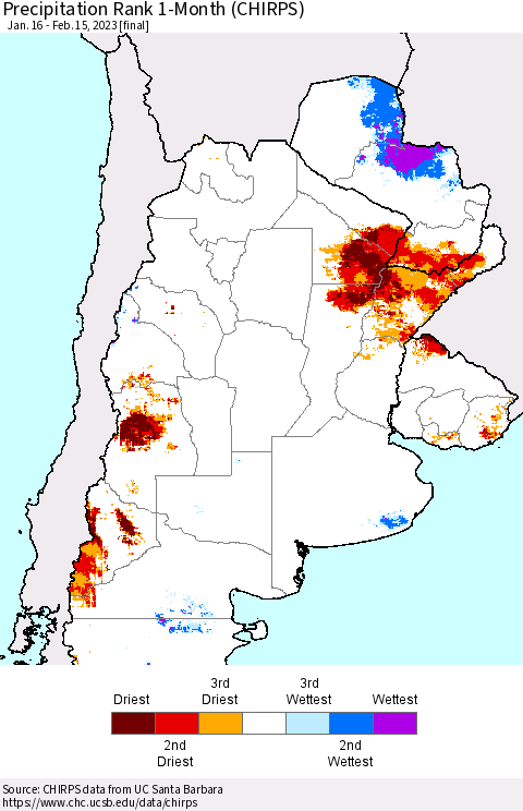 Southern South America Precipitation Rank 1-Month (CHIRPS) Thematic Map For 1/16/2023 - 2/15/2023