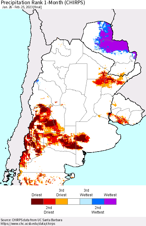Southern South America Precipitation Rank 1-Month (CHIRPS) Thematic Map For 1/26/2023 - 2/25/2023