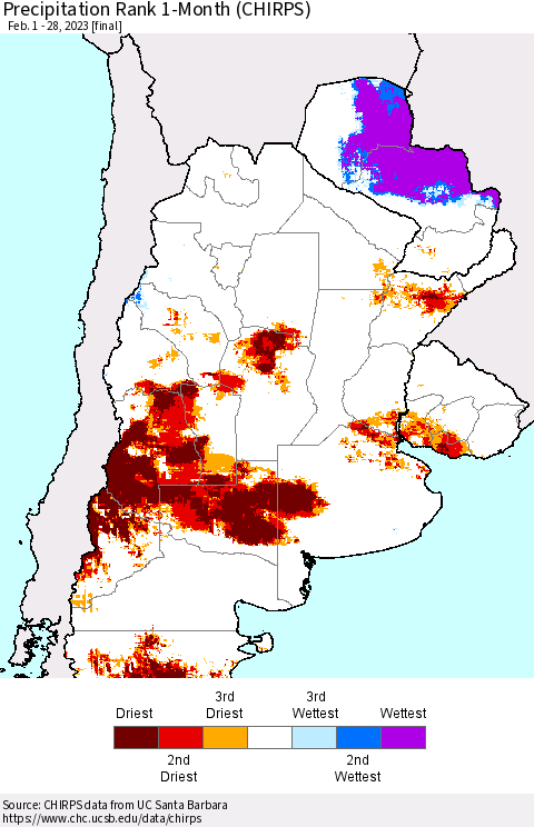 Southern South America Precipitation Rank since 1981, 1-Month (CHIRPS) Thematic Map For 2/1/2023 - 2/28/2023
