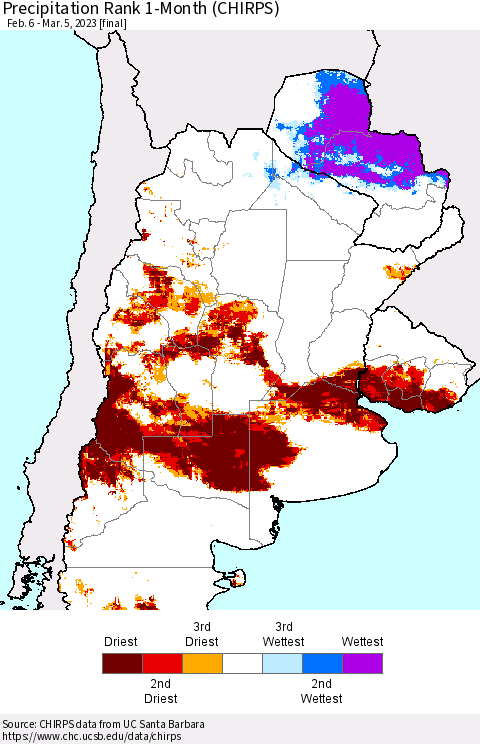 Southern South America Precipitation Rank since 1981, 1-Month (CHIRPS) Thematic Map For 2/6/2023 - 3/5/2023