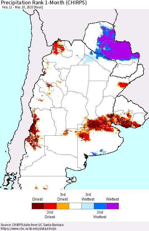 Southern South America Precipitation Rank since 1981, 1-Month (CHIRPS) Thematic Map For 2/11/2023 - 3/10/2023