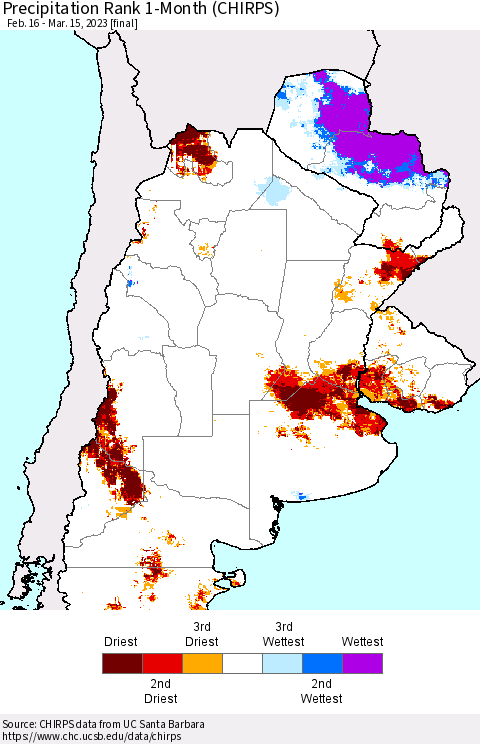Southern South America Precipitation Rank since 1981, 1-Month (CHIRPS) Thematic Map For 2/16/2023 - 3/15/2023